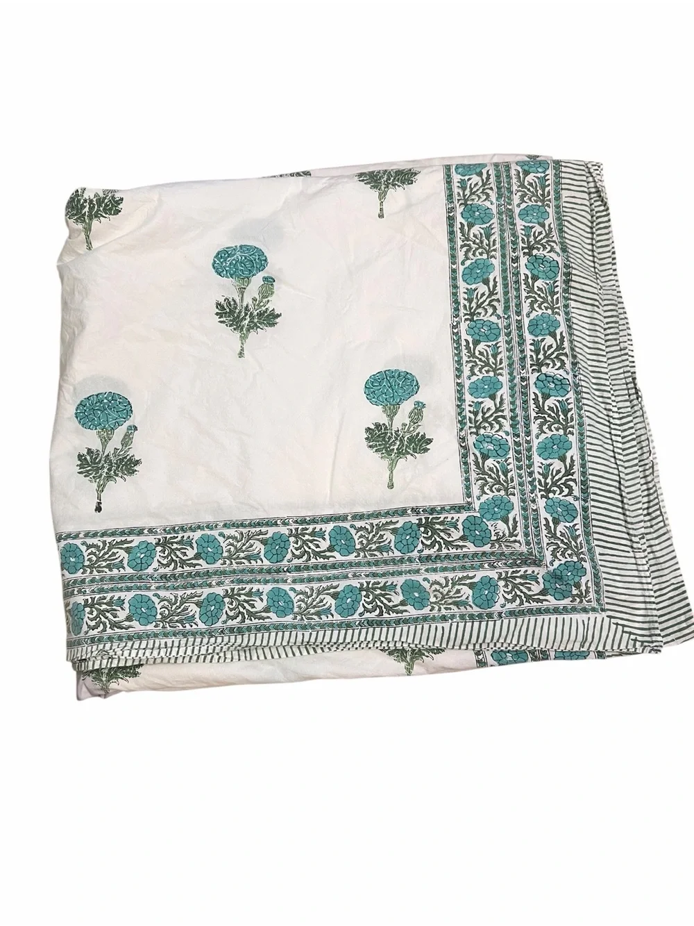 Block Print Cotton Coverlet Bedspread 108” x 98” White Turquoise Floral Marigold